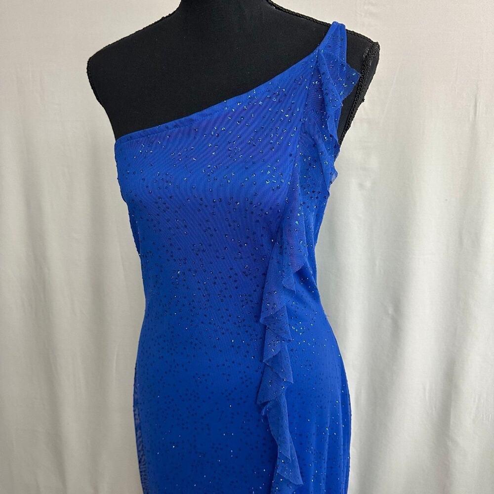 Y2K JESSICA McCLINTOCK Gunne Sax Maxi one shoulder blue ruffle front dress Small